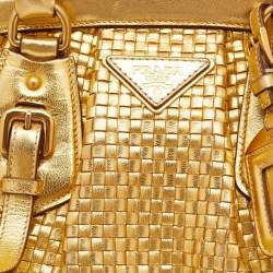 Pre Owned Prada Metallic Gold Woven Madras Leather Frame Satchel