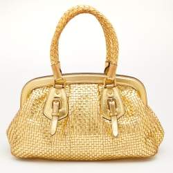 Pre Owned Prada Metallic Gold Woven Madras Leather Frame Satchel