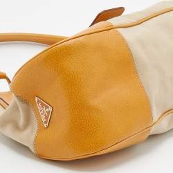 Pre Owned Prada Beige/Caramel Brown Canvas And Leather Shoulder Bag