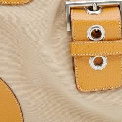 Pre Owned Prada Beige/Caramel Brown Canvas And Leather Shoulder Bag