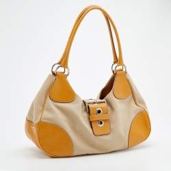 Pre Owned Prada Beige/Caramel Brown Canvas And Leather Shoulder Bag