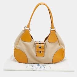 Pre Owned Prada Beige/Caramel Brown Canvas And Leather Shoulder Bag