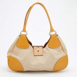 Pre Owned Prada Beige/Caramel Brown Canvas And Leather Shoulder Bag