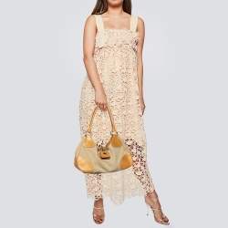 Pre Owned Prada Beige/Caramel Brown Canvas And Leather Shoulder Bag