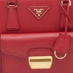 Pre Owned Prada Red Saffiano Lux Leather Small Front Pocket Double Zip Tote