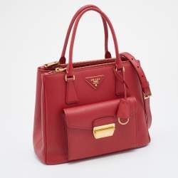 Pre Owned Prada Red Saffiano Lux Leather Small Front Pocket Double Zip Tote