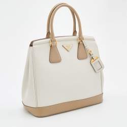 Pre Owned Prada Beige/White Saffiano Lux Leather Parabole Shopping Tote