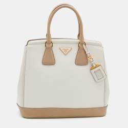 Pre Owned Prada Beige/White Saffiano Lux Leather Parabole Shopping Tote