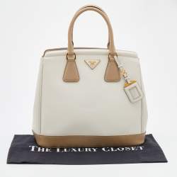 Pre Owned Prada Beige/White Saffiano Lux Leather Parabole Shopping Tote