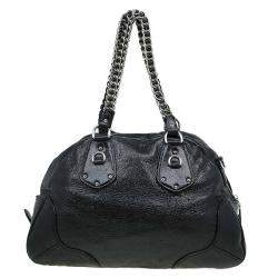Pre Owned Prada Black Cervo Lux Leather Chain Bowling Bag