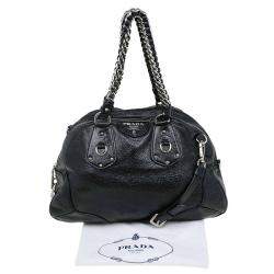 Pre Owned Prada Black Cervo Lux Leather Chain Bowling Bag