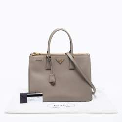 Pre Owned Prada Dark Beige Saffiano Lux Leather Large Double Zip Tote