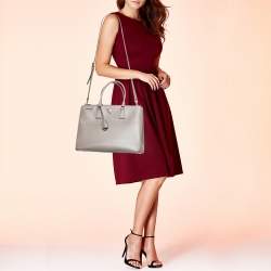 Pre Owned Prada Dark Beige Saffiano Lux Leather Large Double Zip Tote