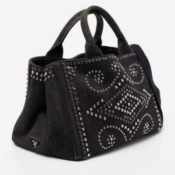 Pre Owned Prada Black Denim Crystal Studded Tote