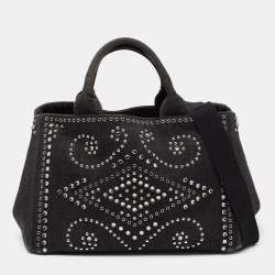 Pre Owned Prada Black Denim Crystal Studded Tote