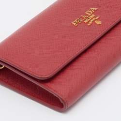 Pre Owned Prada Red Saffiano Leather Flap Continental Wallet