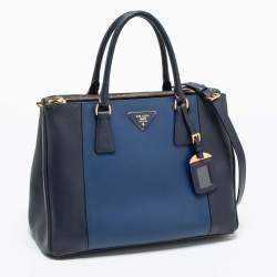 Pre Owned Prada Two Tone Blue Saffiano Lux Leather Medium Double Zip Tote
