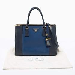 Pre Owned Prada Two Tone Blue Saffiano Lux Leather Medium Double Zip Tote