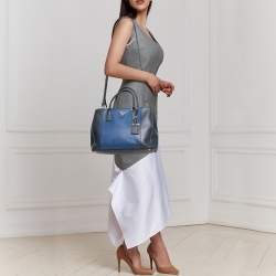 Pre Owned Prada Two Tone Blue Saffiano Lux Leather Medium Double Zip Tote
