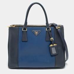 Pre Owned Prada Two Tone Blue Saffiano Lux Leather Medium Double Zip Tote