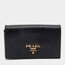 Pre Owned Prada Black Move Leather Logo Flap Card Case