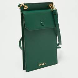 Pre Owned Prada Green Saffiano Lux Leather Phone Holder Crossbody Bag