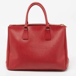 Pre Owned Prada Red Saffiano Lux Leather Large Double Zip Tote