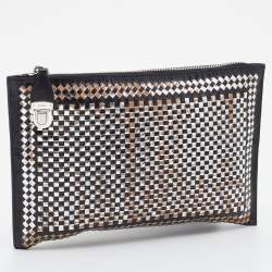 Pre Owned Prada Silver/Black Woven Madras Leather Zip Clutch