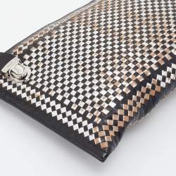 Pre Owned Prada Silver/Black Woven Madras Leather Zip Clutch