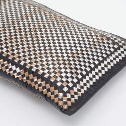 Pre Owned Prada Silver/Black Woven Madras Leather Zip Clutch