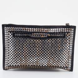 Pre Owned Prada Silver/Black Woven Madras Leather Zip Clutch