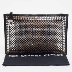 Pre Owned Prada Silver/Black Woven Madras Leather Zip Clutch