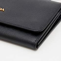 Pre Owned Prada Black Saffiano Leather Wallet On Strap