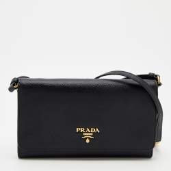 Pre Owned Prada Black Saffiano Leather Wallet On Strap