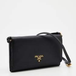 Pre Owned Prada Black Saffiano Leather Wallet On Strap