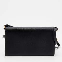 Pre Owned Prada Black Saffiano Leather Wallet On Strap