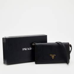 Pre Owned Prada Black Saffiano Leather Wallet On Strap