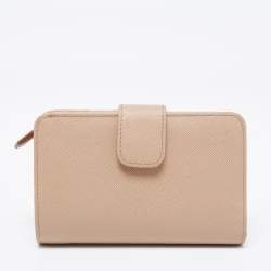Pre Owned Prada Beige Saffiano Metal Leather French Compact Wallet