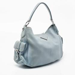 Pre Owned Prada Blue Leather Vitello Daino Side Pocket Hobo