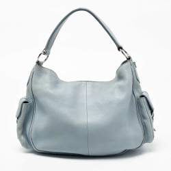 Pre Owned Prada Blue Leather Vitello Daino Side Pocket Hobo