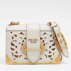 Pre Owned Prada Off White Laser Cut Leather Cahier Shoulder Bag