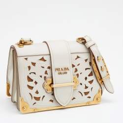 Pre Owned Prada Off White Laser Cut Leather Cahier Shoulder Bag