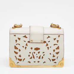 Pre Owned Prada Off White Laser Cut Leather Cahier Shoulder Bag