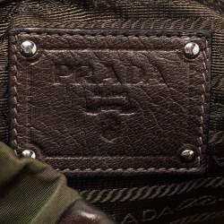 Pre Owned Prada Olive Green/Brown Leather And Nylon Tessuto Waves Hobo