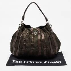 Pre Owned Prada Olive Green/Brown Leather And Nylon Tessuto Waves Hobo
