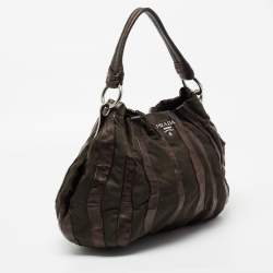 Pre Owned Prada Olive Green/Brown Leather And Nylon Tessuto Waves Hobo