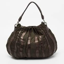 Pre Owned Prada Olive Green/Brown Leather And Nylon Tessuto Waves Hobo