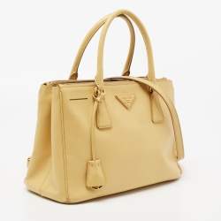 Pre Owned Prada Yellow Saffiano Lux Leather Small Galleria Double Zip Tote