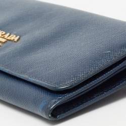 Pre Owned Prada Navy Blue Saffiano Metal Leather Logo Flap Continental Wallet