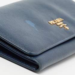 Pre Owned Prada Navy Blue Saffiano Metal Leather Logo Flap Continental Wallet
